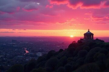 Edinburgh sunset, Calton Hill view, pink sky, skyline landmarks, twilight, gorgeous