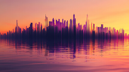 A modern urban skyline silhouette reflecting on water at dawn, showcasing a blend of minimalistic architecture and vibrant colors in a contemporary cityscape. Gravity-Warped Cities. Illustration