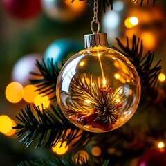 Transparent christmas bauble with warm lights and pine Bokeh light lights background bokeh abstract light bright effect shiny
