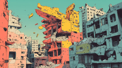 Obraz premium Bombed city illustration. Gravity-Warped Cities. Illustration