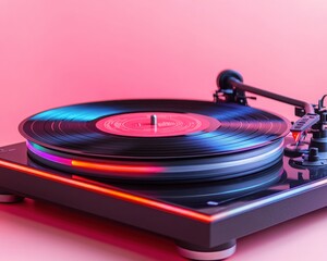 A stylish vinyl record player spinning a classic album against a soft pink backdrop, perfect for...