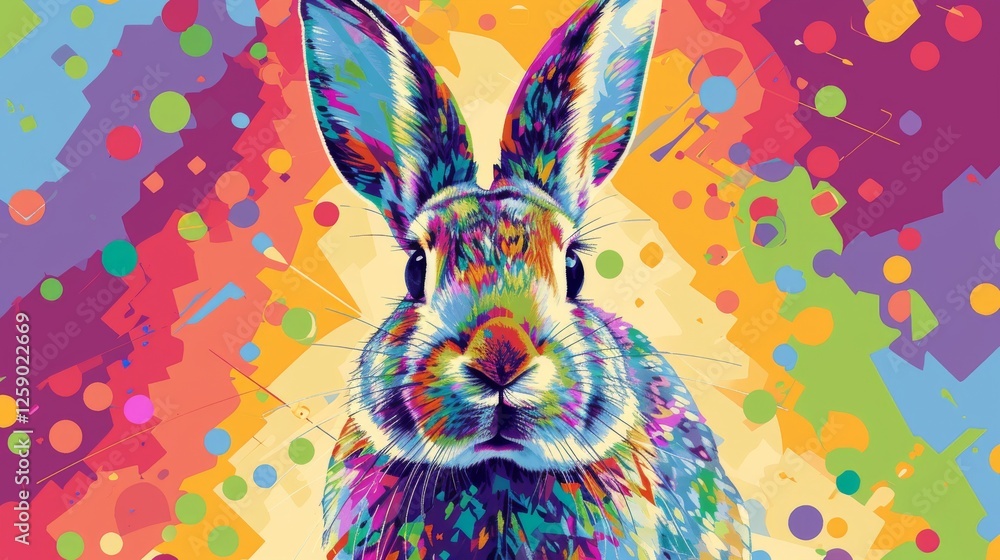 Poster a surreal rabbit illustration featuring bright neon colors and a bold splatter effect. a highly expr