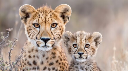 Obraz premium Cheetah mother and her cub sitting together in the dry grass of the African savanna during daytime.