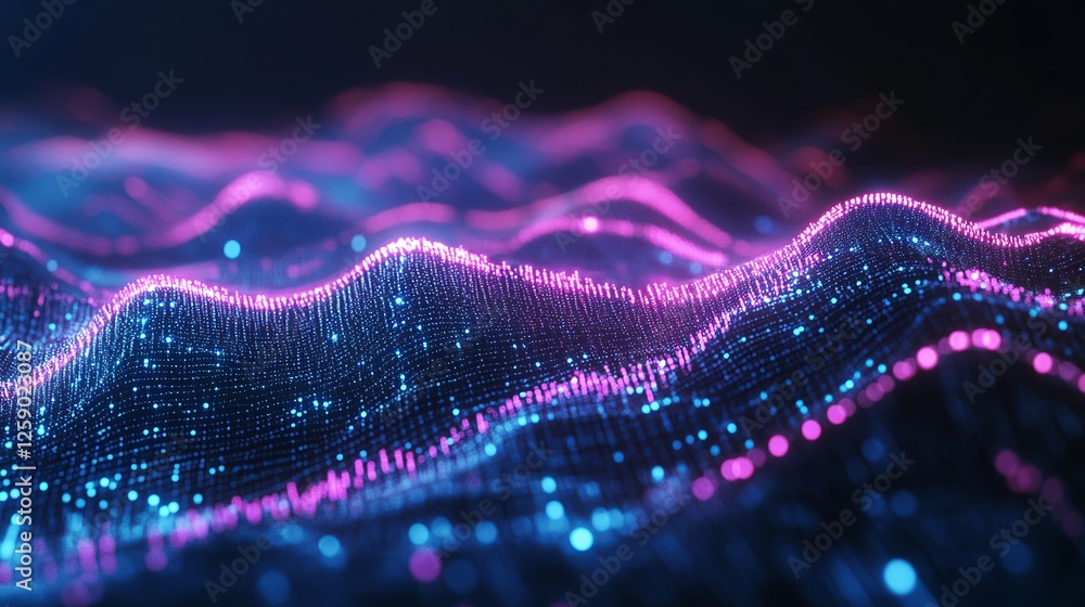 Poster blue purple wave line light gradient dark background. abstract technology big data digital backgroun