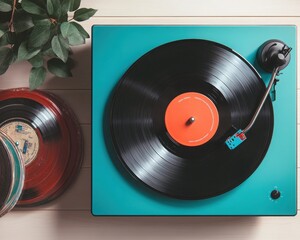 An overhead view of a vintage turntable playing a vinyl record with a stylish design, perfect for music enthusiasts and retro lovers.