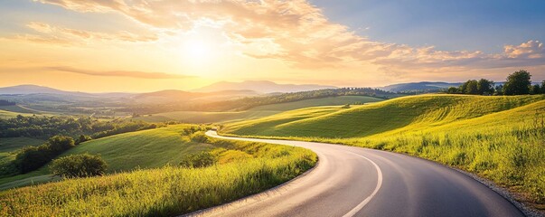 Empty asphalt road winding through rolling green hills as the sun sets in the background