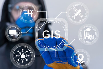 Geographic Information System (GIS) Modern Industry Transportation Concept. Industry engineer using virtual touch screen push button with text: GIS.