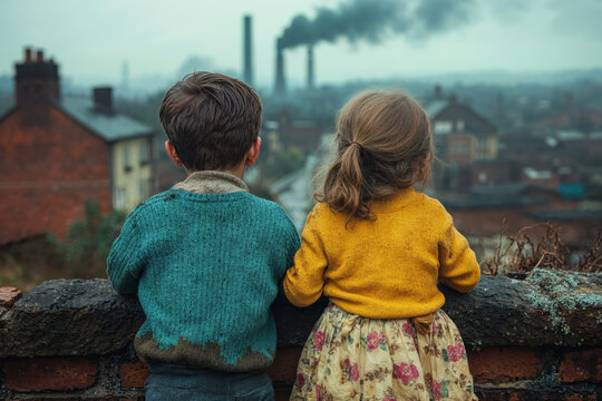 Two Children Overlooking a Smoky Industrial Skyline