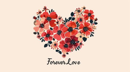 A striking heart illustration composed of red and peach flowers, elegantly arranged with dark leaves, featuring the words Forever Love in graceful script, ideal for romantic occasions. AI generated.