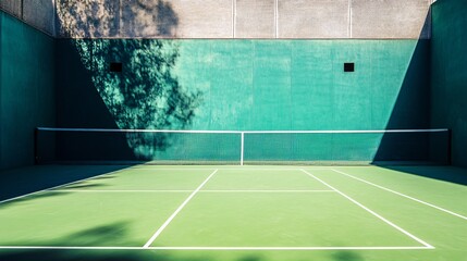 Sunlight bathes an empty tennis court, casting shadows of the net and nearby trees on the smooth green surface