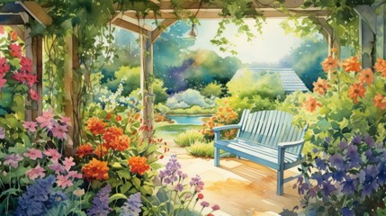 Obraz premium Vibrant Summer Garden Retreat Patio with Colorful Flowers. Outdoor Relaxation Scene