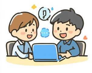 Cartoon colleagues discussing ideas happily at laptop in office setting