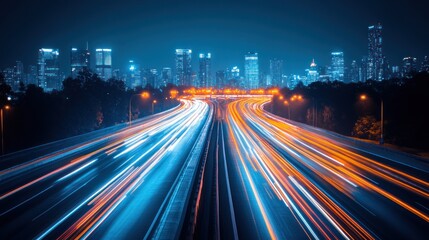 Night City Highway Light Trails Cityscape