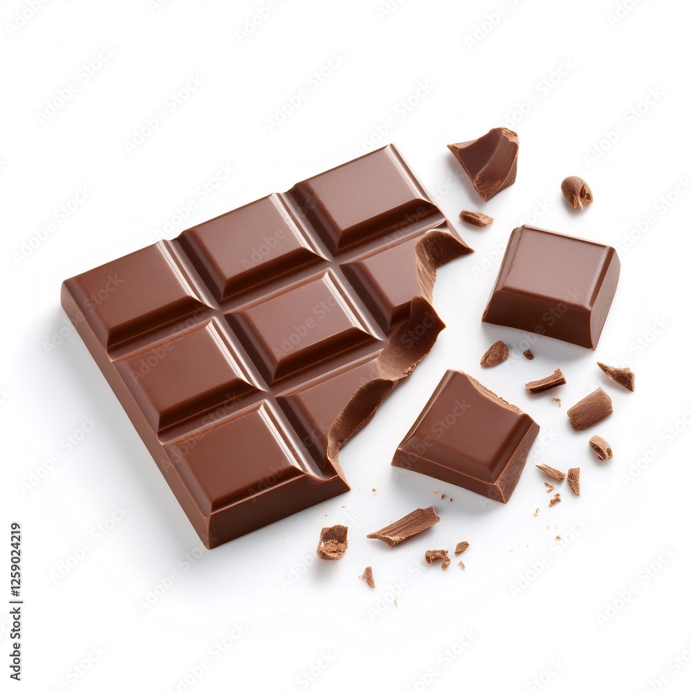 Poster broken dark chocolate bar with crumbs on a white background, creating a tempting image for chocolate