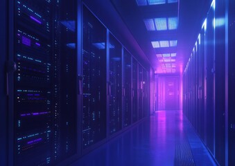 Neon-lit server room corridor, data center, network infrastructure, digital technology, futuristic