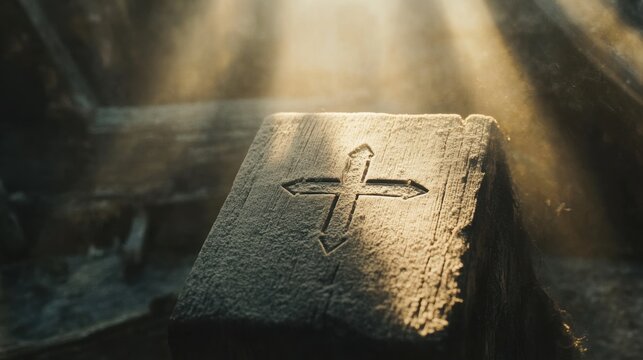 Sunlight filters through dust, illuminating an intricately carved stone cross on a weathered altar inside a forgotten place of worship