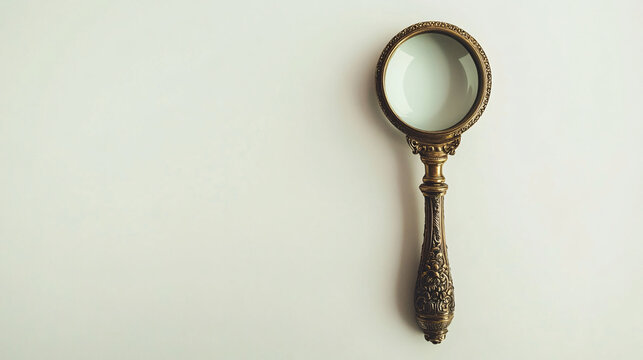 a simple vintage brass magnifying glass with a decorative handle placed on a plain neutral background

