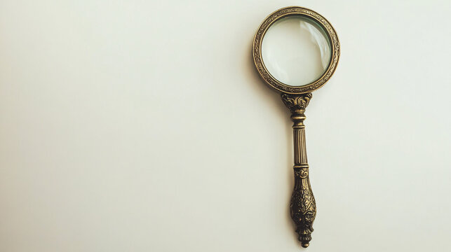 a vintage brass magnifying glass with an intricately carved handle lying on a clean white background
