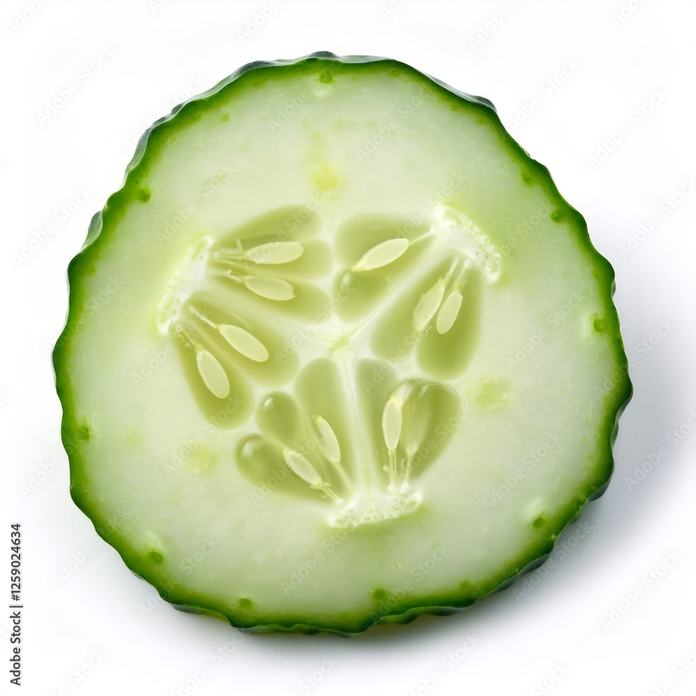 Poster cucumber slice close up, displaying seed pattern and internal texture against pristine white backgro