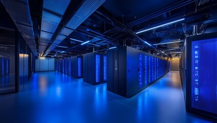 Data center servers glowing blue, underground facility