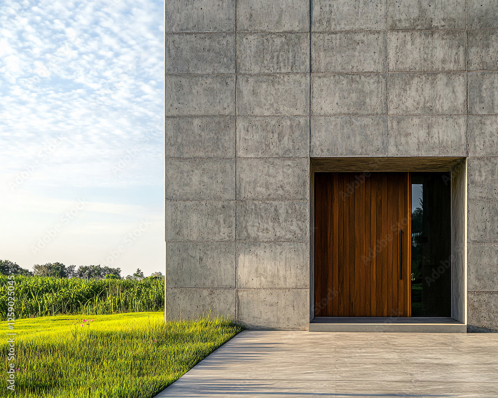 Aufkleber Modern concrete building with a wooden door, surrounded by lush greenery and a path, representing minimalistic architecture and nature integration in design
