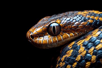 Fototapeta premium A detailed closeup of a snake head on black background
