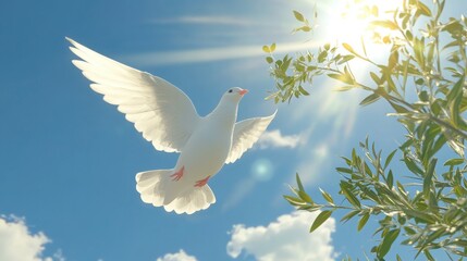 Dove soaring amidst a radiant sky and vibrant olive branches in a serene moment of freedom