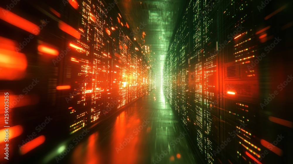 Poster illuminated data center servers corridor displaying digital information flow