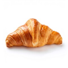 Freshly baked croissant, showcasing its flaky layers and inviting golden color, isolated against a clean white backdrop