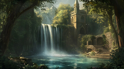 Fototapeta premium Enchanting Waterfall and Medieval Chapel in Lush Forest