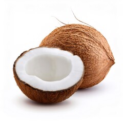 Coconut cut in half showing white flesh next to a whole coconut on white background