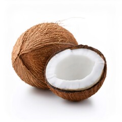 White coconut halved, revealing creamy interior, sitting against pristine background
