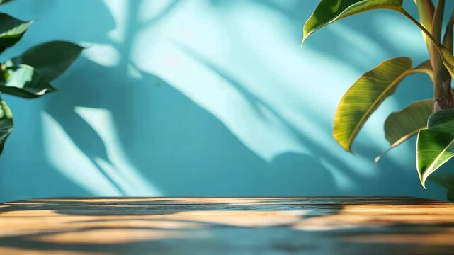 Wooden table set against a sky blue wall background, sunlight creating soft shadows of bird-of-paradise leaves, with blurred rubber plants in the foreground.