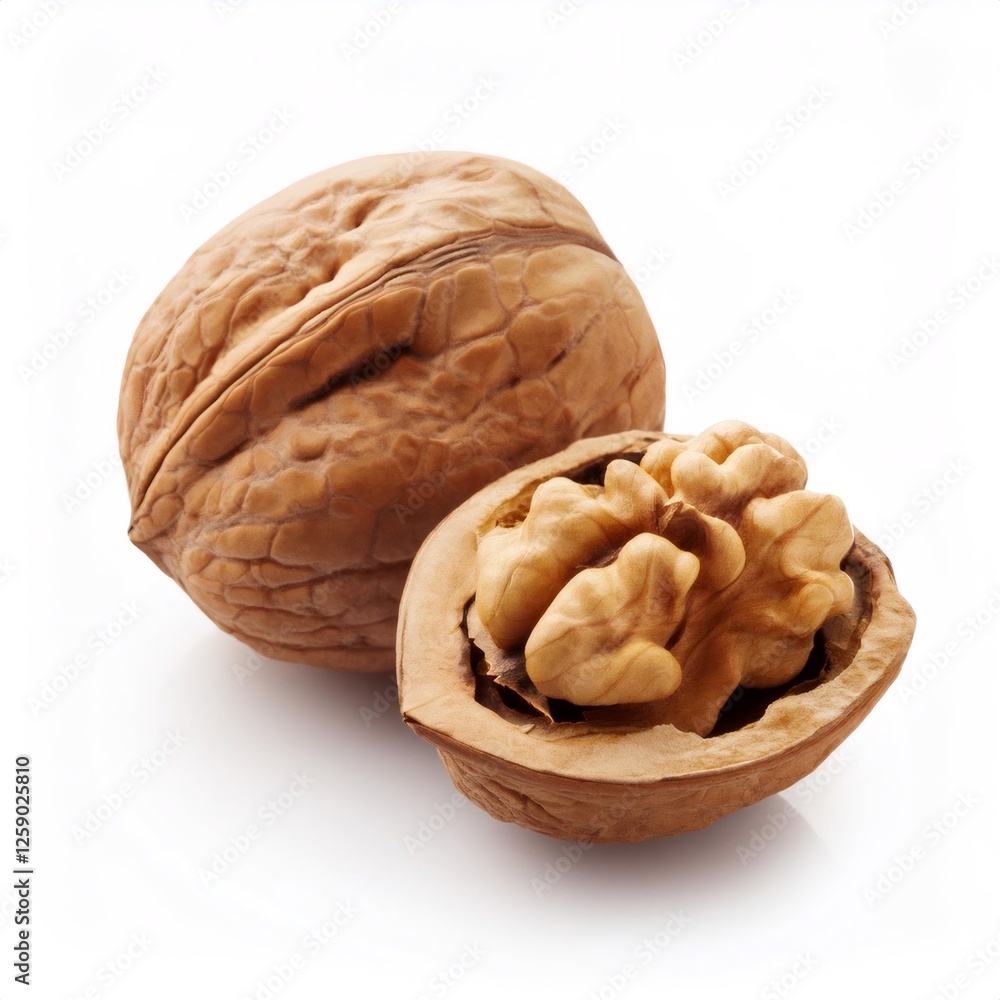 Poster walnut in shell and cracked walnut showing kernel on white background