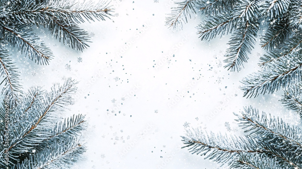 Poster christmas background with snowy fir branches and copy space in the center