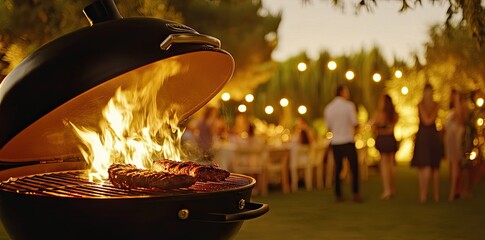 In the fading light, friends gather for a cozy barbecue in the backyard, illuminated by string lights