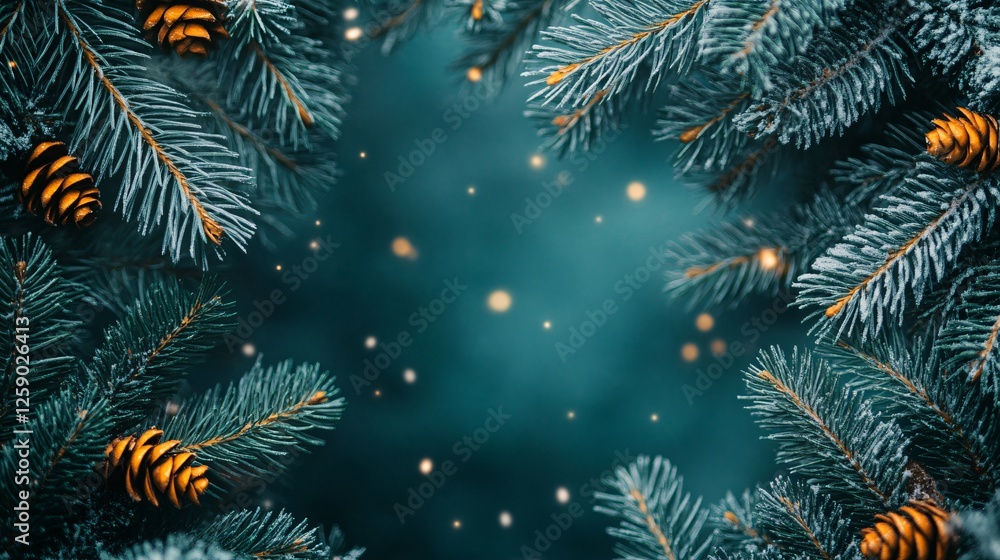 Poster christmas background with snow covered evergreen branches framing bokeh lights on a blue background