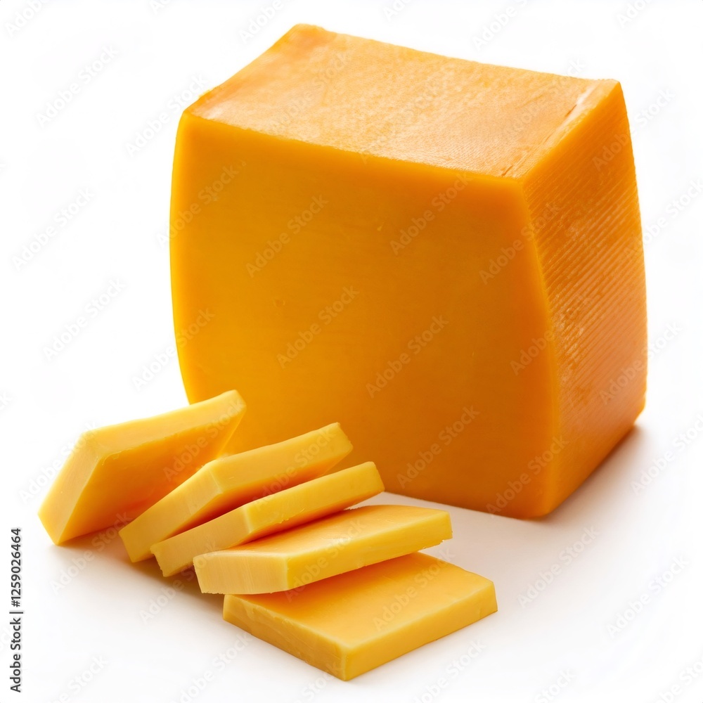 Poster slices of cheddar cheese resting near a whole block of cheddar cheese, creating an inviting image of
