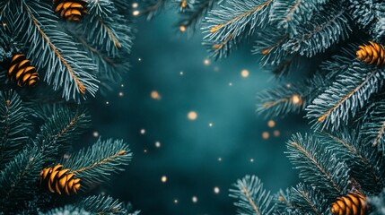 Christmas background with snow covered evergreen branches framing bokeh lights on a blue background