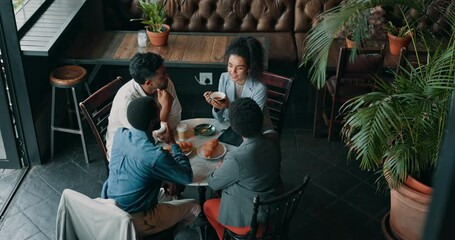 Business people, group and meeting in cafe, planning or brainstorming at breakfast above. Team, cooperation and discussion at coffee shop together with sustainability manager for eco friendly project - Powered by Adobe
