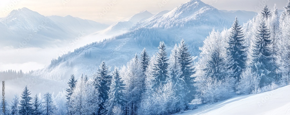 Poster winter wonderland: snow-covered trees and mountains glowing in golden light, creating a serene and e