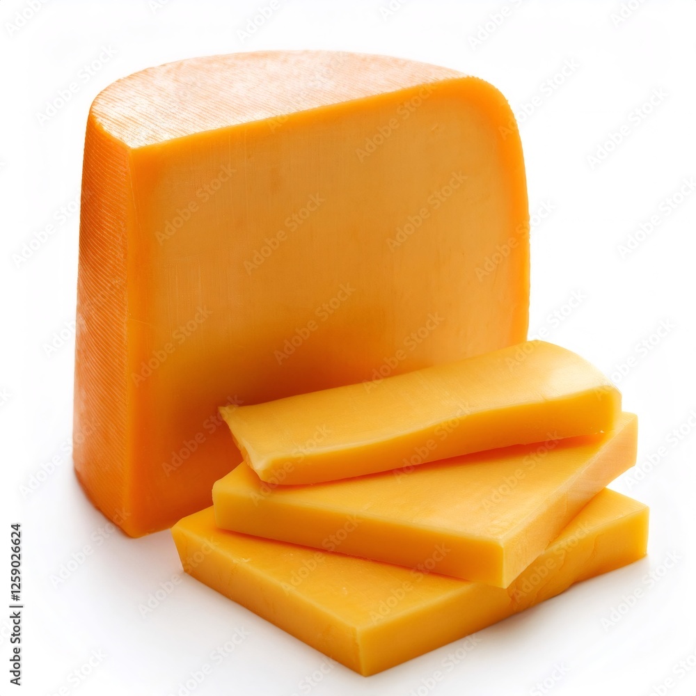 Poster cheddar cheese block and slices, creating a visually appealing composition