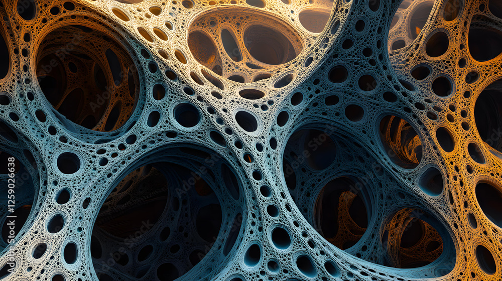 Poster abstract 3d render of a complex interconnected network structure with blue and gold hues