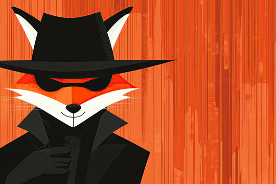 Fox in Black Hat and Cloak: Mysterious Art. Minimalist illustration of a spy or zorro fox wearing a black hat and cloak, set against an abstract orange background. Mystery themes, noir designs.