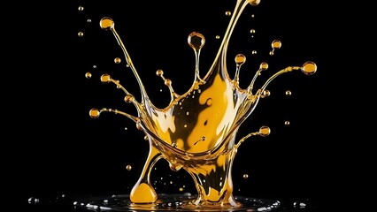 A golden liquid splash and spread against a black background. The splash forms interesting shapes and droplets