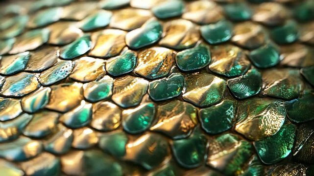 Close-up of snake skin texture, displaying the smooth, scaly pattern with green and brown hues, covering the entire screen with reptilian detail.