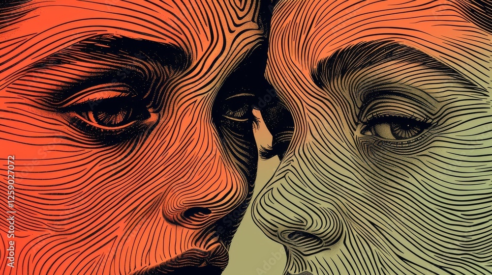 Aufkleber a striking abstract illustration of two human faces in close proximity, featuring intricate line pat