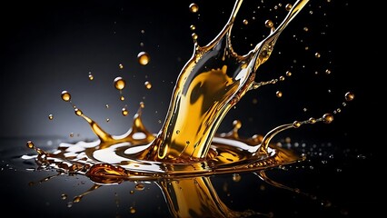 A golden liquid splash and spread against a black background. The splash forms interesting shapes and droplets