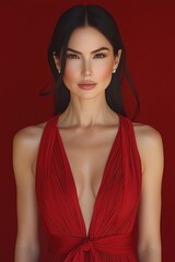 Elegant woman in a deep red dress with a plunging neckline posed against a vibrant red background