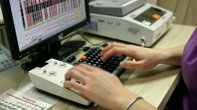 A female secretary busily types on a keyboard, sitting at an office desk and concentrating on a computer monitor. Her efficient work exemplifies professionalism and productivity in a modern office.